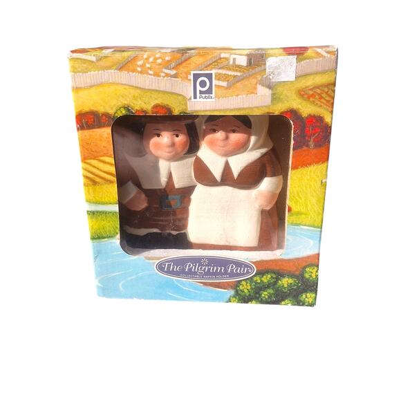 Vtg Publix Pilgrim Couple Napkin Holder 5x4 Inches Tall Table Decor Boxed - Picture 4 of 6